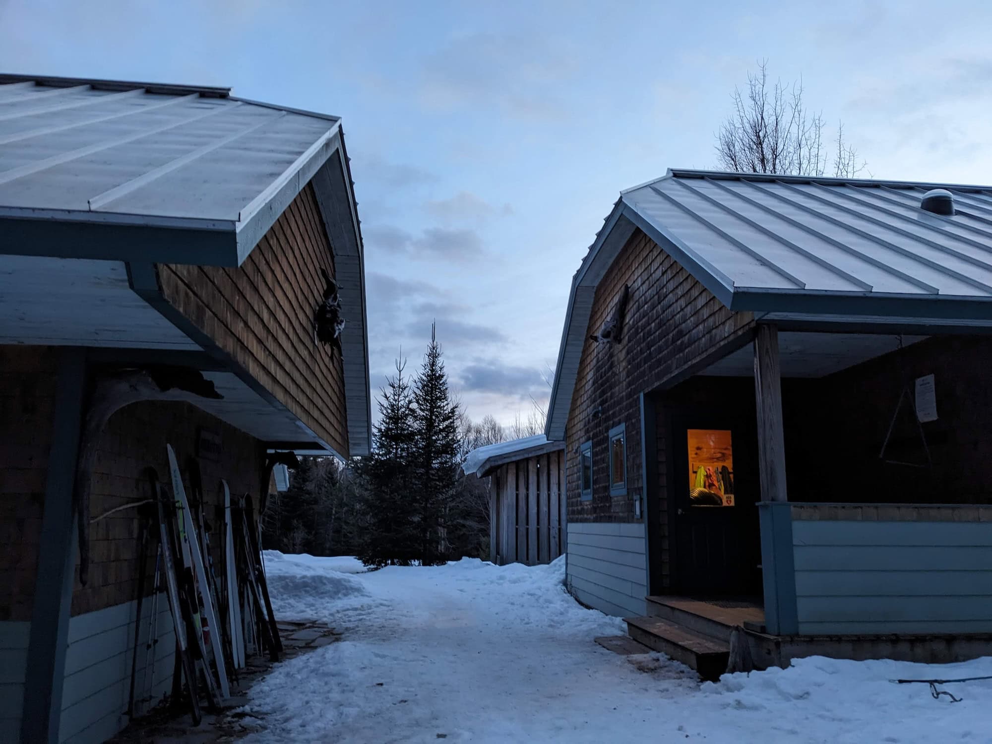 Dusk falls at the Flagstaff Hut in winter