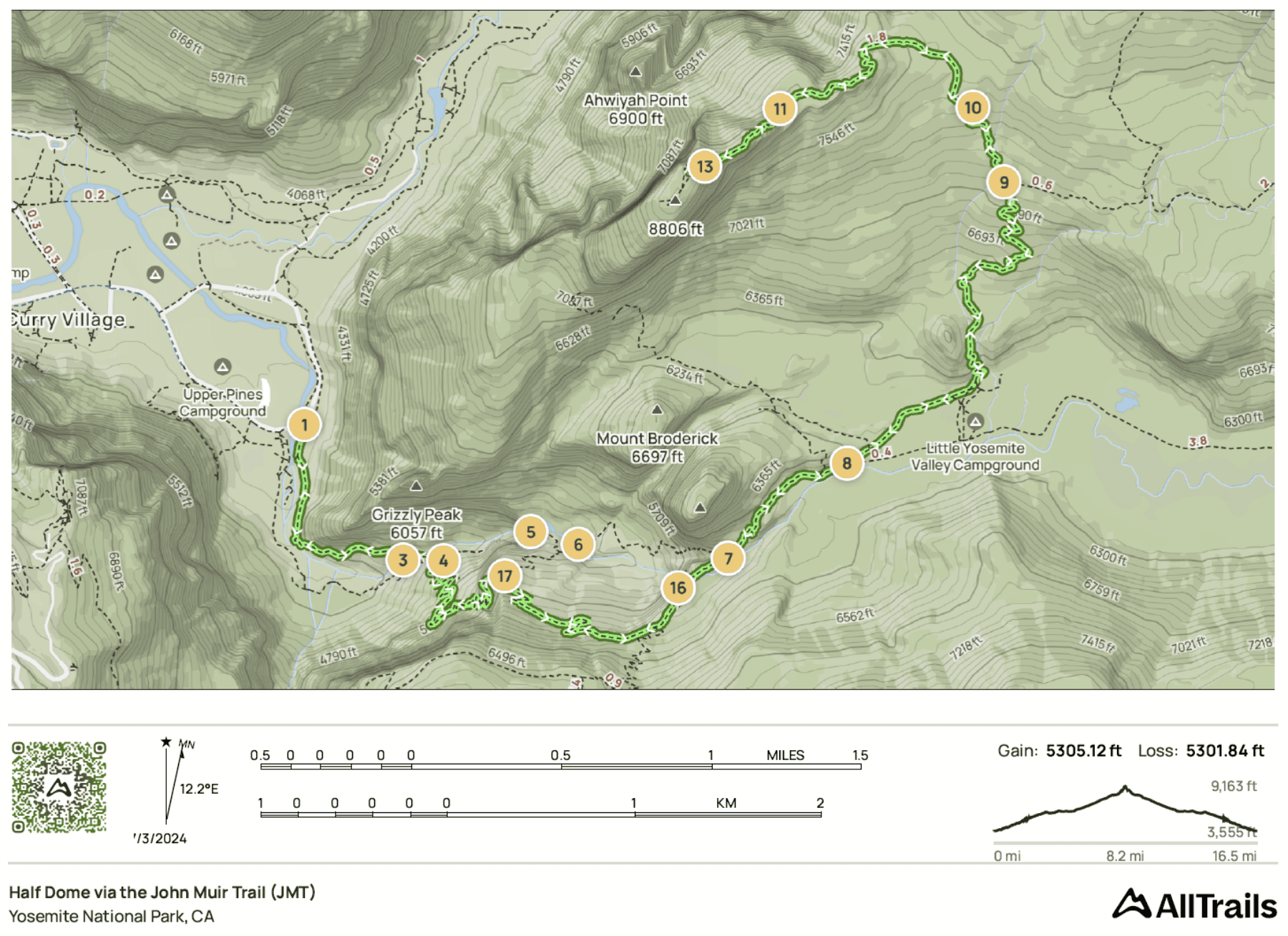 AllTrails Map of Half Dome hike from John Muir Trail