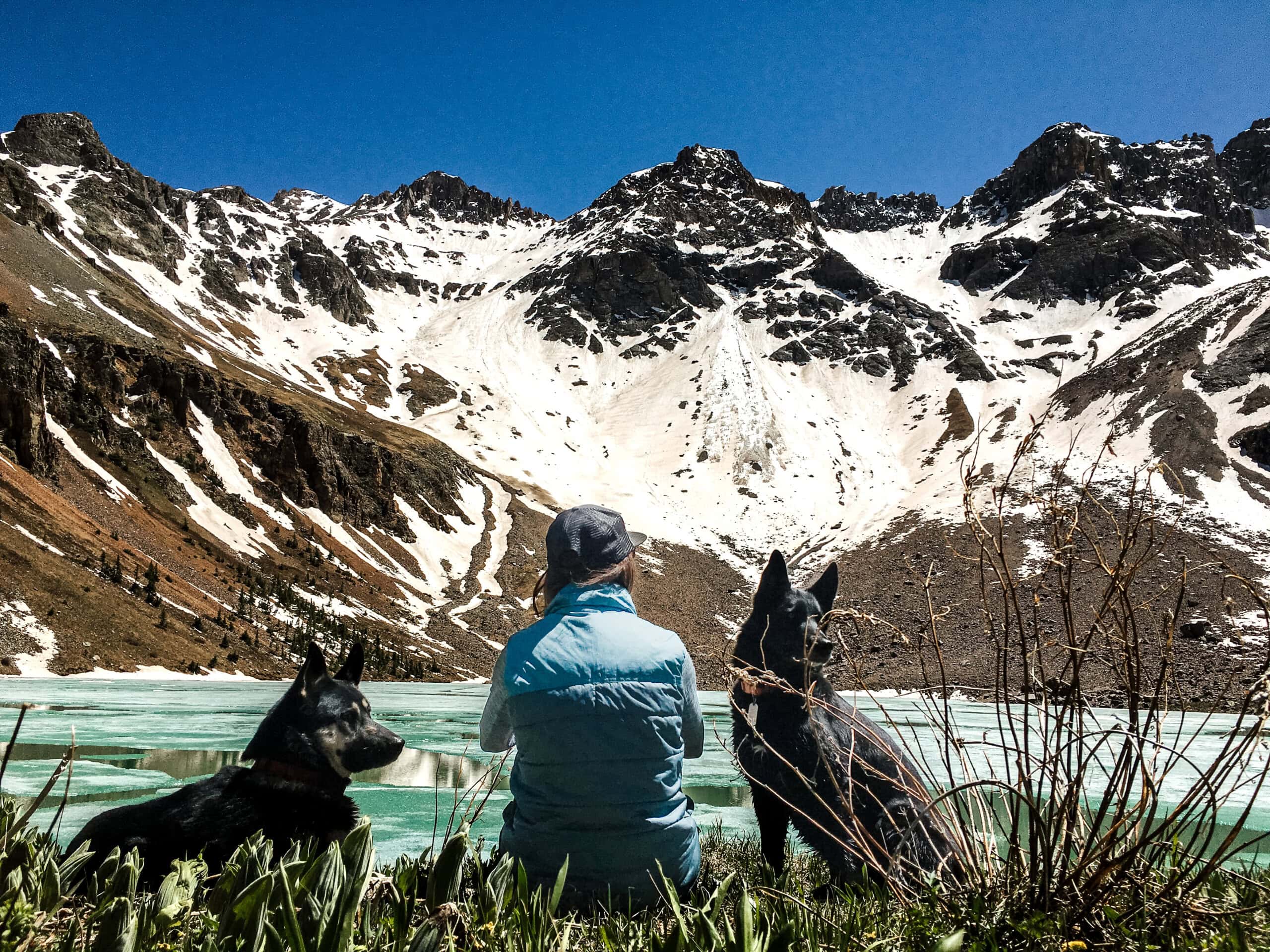 Woman hiking solo with pups by her side