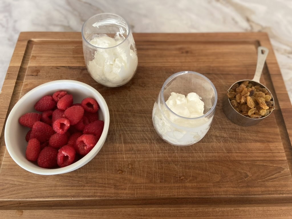 raisin granola and yogurt parfait ingredients